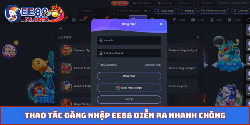 Thao tác đăng nhập EE88 diễn ra nhanh chóng